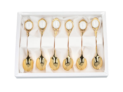 Set di 6 cucchiaini rivestiti in oro 24K Occhietti bianchi CARMANI, personalizzabile con incisione - regalo elegante per ogni occasione, dimensioni 13 cm