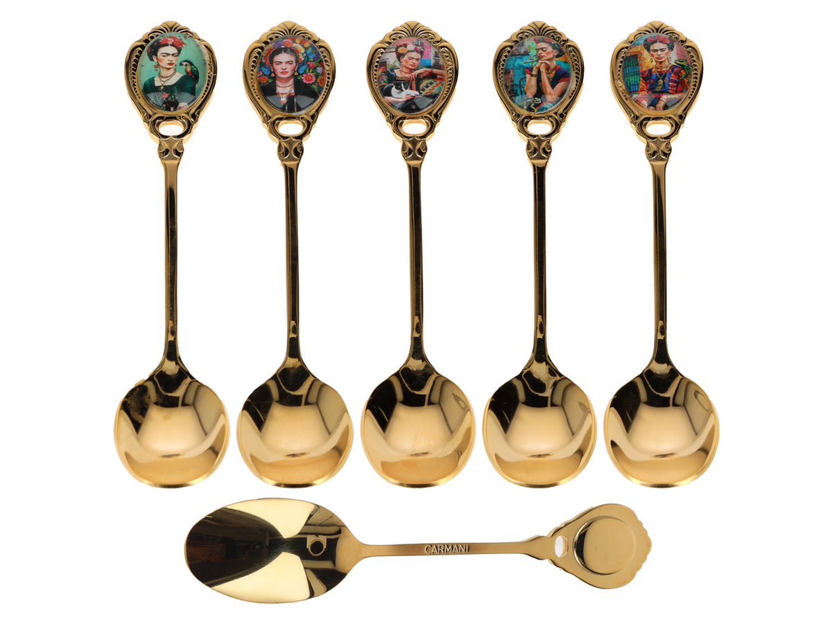 Set di 6 cucchiaini rivestiti in oro 24K F. Kahlo, personalizzabile con incisione - elegante posata da regalo, 13 cm, CARMANI