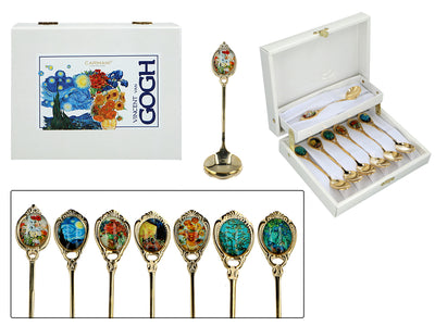 Set di 6 cucchiaini rivestiti in oro 24K con 1 cucchiaino per lo zucchero - V. van Gogh, assortiti, personalizzabili con incisione, elegante confezione regalo, dimensioni 13 cm