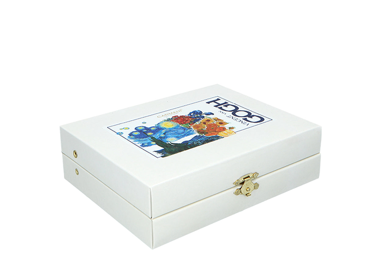 Set di 6 cucchiaini rivestiti in oro 24K con 1 cucchiaino per lo zucchero - V. van Gogh, assortiti, personalizzabili con incisione, elegante confezione regalo, dimensioni 13 cm