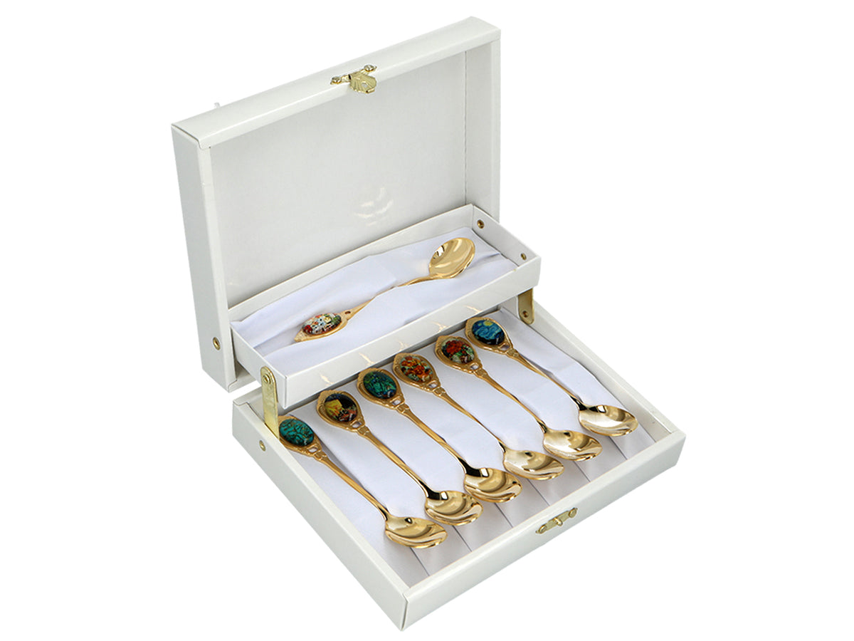 Set di 6 cucchiaini rivestiti in oro 24K con 1 cucchiaino per lo zucchero - V. van Gogh, assortiti, personalizzabili con incisione, elegante confezione regalo, dimensioni 13 cm