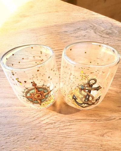 Bicchieri "Nautical Dreams" con doppia parete e fiocchi d'oro - set di 2 pezzi, capacità 300 ml, possibilità di personalizzazione con incisione