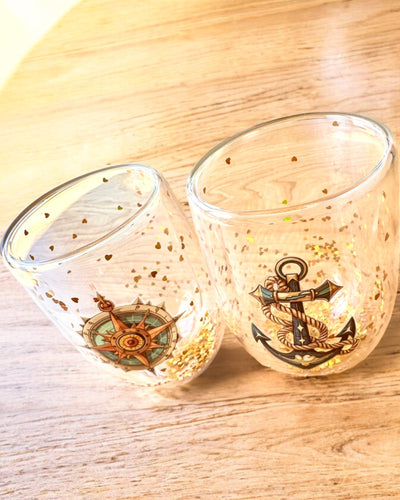 Bicchieri "Nautical Dreams" con doppia parete e fiocchi d'oro - set di 2 pezzi, capacità 300 ml, possibilità di personalizzazione con incisione