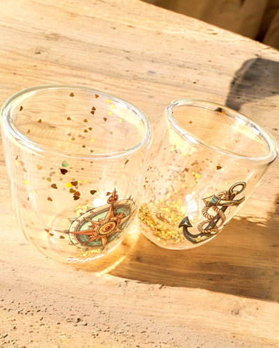 Bicchieri "Nautical Dreams" con doppia parete e fiocchi d'oro - set di 2 pezzi, capacità 300 ml, possibilità di personalizzazione con incisione