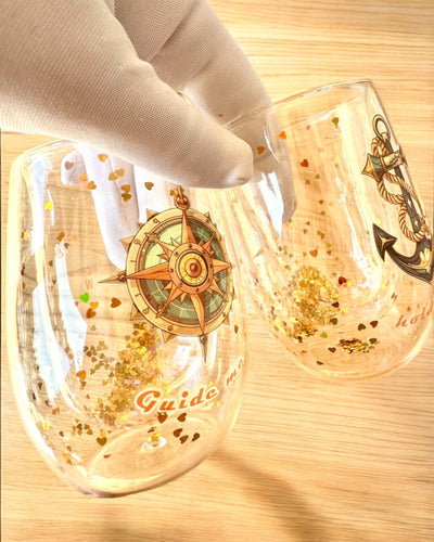 Bicchieri "Nautical Dreams" con doppia parete e fiocchi d'oro - set di 2 pezzi, capacità 300 ml, possibilità di personalizzazione con incisione