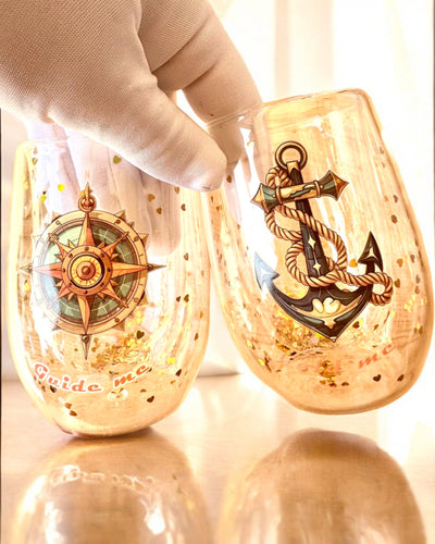 Bicchieri "Nautical Dreams" con doppia parete e fiocchi d'oro - set di 2 pezzi, capacità 300 ml, possibilità di personalizzazione con incisione