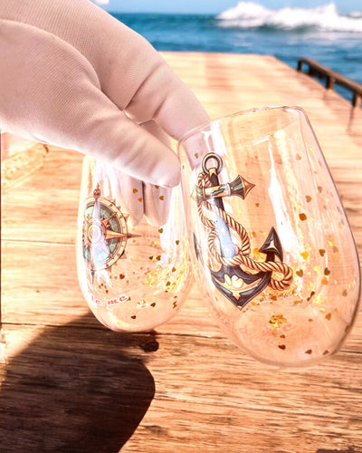 Bicchieri "Nautical Dreams" con doppia parete e fiocchi d'oro - set di 2 pezzi, capacità 300 ml, possibilità di personalizzazione con incisione