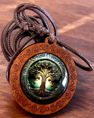 Amuleto della Vita "Albero degli Antenati" - Collana Fatta a Mano in Legno e Vetro, possibilità di personalizzazione con incisione per regalo