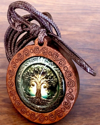 Amuleto della Vita "Albero degli Antenati" - Collana Fatta a Mano in Legno e Vetro, possibilità di personalizzazione con incisione per regalo