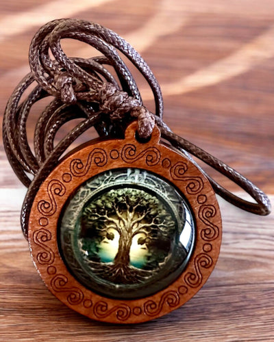 Amuleto della Vita "Albero degli Antenati" - Collana Fatta a Mano in Legno e Vetro, possibilità di personalizzazione con incisione per regalo