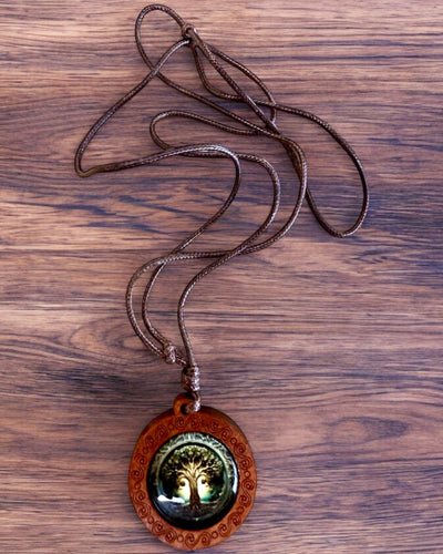Amuleto della Vita "Albero degli Antenati" - Collana Fatta a Mano in Legno e Vetro, possibilità di personalizzazione con incisione per regalo