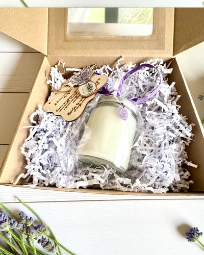 Candela di soia intenzionale Ametista – calma, armonia e purificazione, 250 ml, possibilità di personalizzazione per regalo