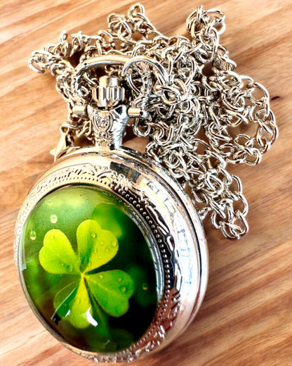 Orologio da tasca "CloverTime" con motivo di quadrifoglio, possibilità di personalizzazione con incisione per regalo