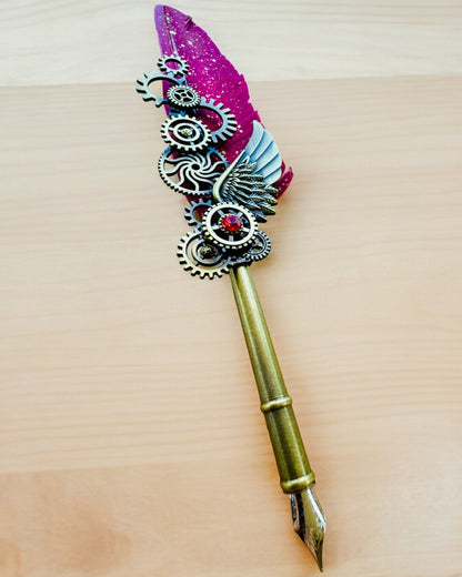 Set Regalo - Penna d'Oca Bordeaux-Viola "Eleganza Steampunk" con Possibilità di Incisione, per regalo