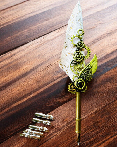 Penna Calligrafica "Eleganza Steampunk" con Piuma di Tacchino - Fatto a Mano 5 varianti tra cui scegliere, personalizzazione con incisione per regalo