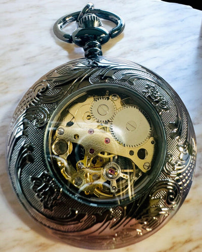 Orologio da Tasca "Equus Tempus" - Nero con Motivo Cavallo, possibilità di personalizzazione con incisione - quadrante nero