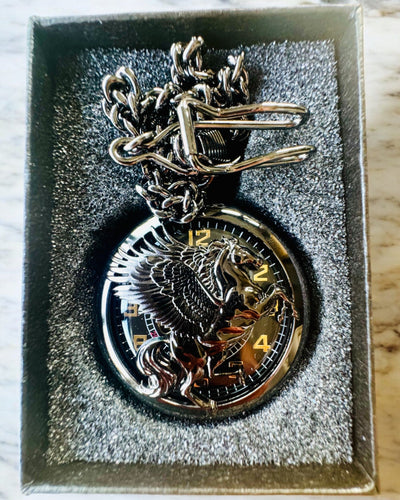 Orologio da Tasca "Equus Tempus" - Nero con Motivo Cavallo, possibilità di personalizzazione con incisione - quadrante nero