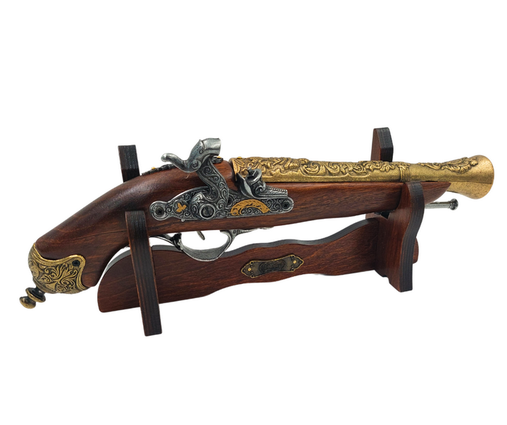 Replica della Pistola a Pietra Focaia del XVIII Secolo su Supporto con Possibilità di Incisione Personalizzata - Elegante Elemento Decorativo e Regalo Ideale per gli Amanti della Storia - Realizzata in Metallo e Legno, Lunghezza 38 cm