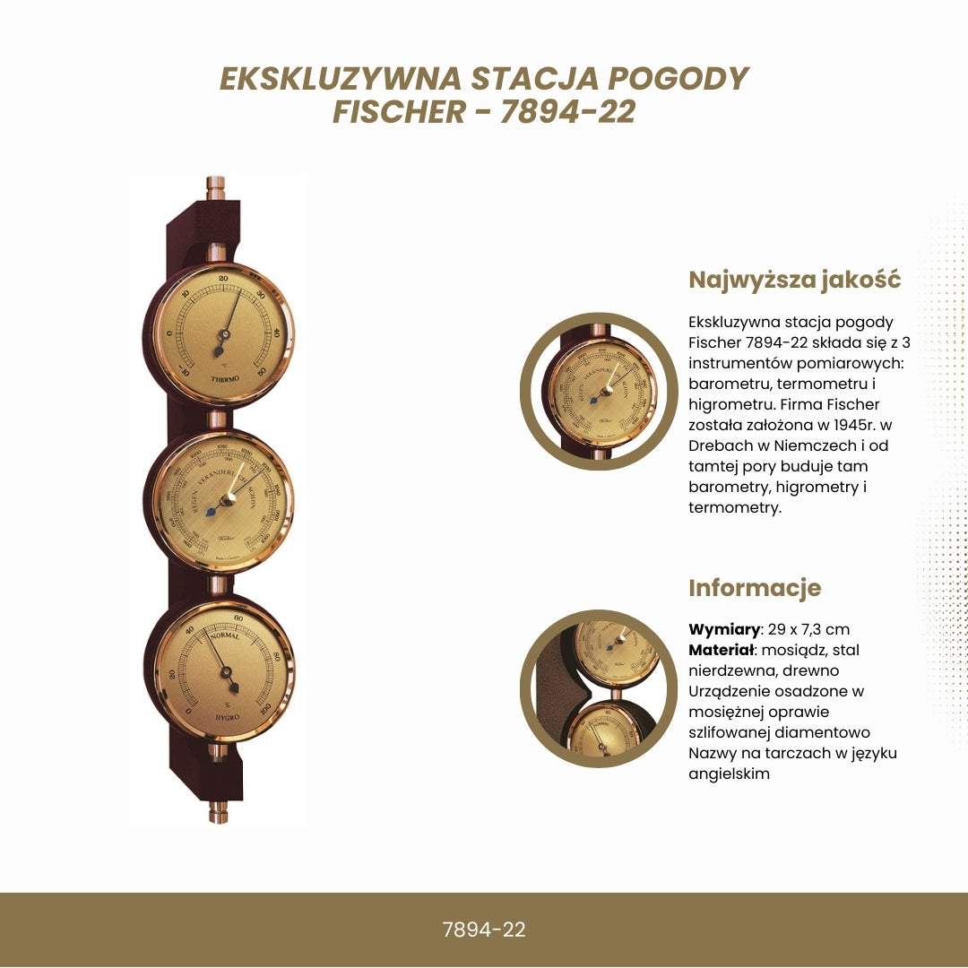 Stazione meteorologica esclusiva Fischer 7894-22 in ottone e mogano con incisione personalizzata - barometro, termometro e igrometro come regalo in stile classico, dimensioni 29x7,3 cm