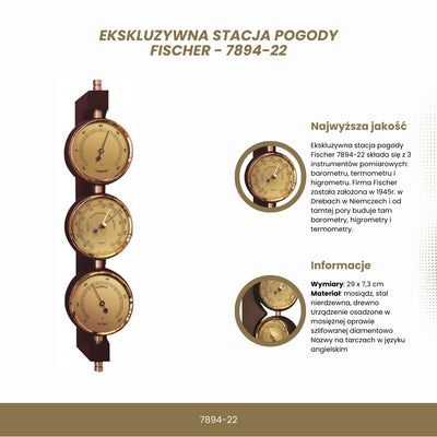 Stazione meteorologica esclusiva Fischer 7894-22 in ottone e mogano con incisione personalizzata - barometro, termometro e igrometro come regalo in stile classico, dimensioni 29x7,3 cm