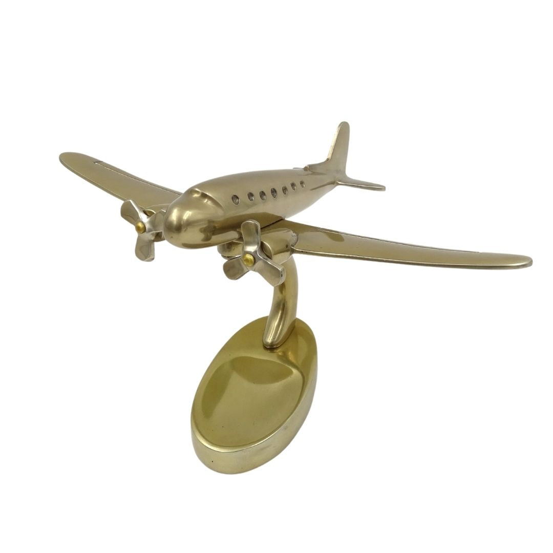 Grande modello metallico di aereo bimotore con possibilità di personalizzazione incisa, dorato, 19,5 x 16,5 x 29 cm