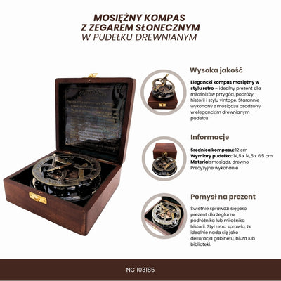 Bussola in ottone con orologio solare in scatola di legno con possibilità di incisione