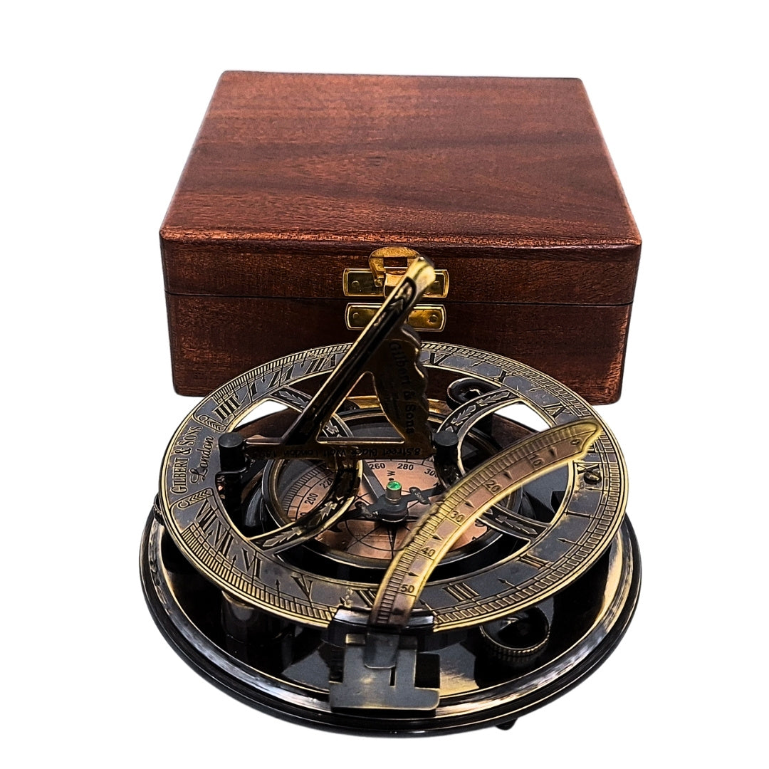 Bussola in ottone con orologio solare in scatola di legno con possibilità di incisione