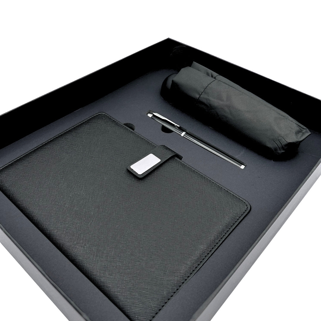 Elegante Set Regalo con Personalizzazione - Taccuino in Pelle A5, Penna e Ombrello Nero in Scatola Regalo