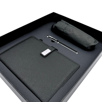 Elegante Set Regalo con Personalizzazione - Taccuino in Pelle A5, Penna e Ombrello Nero in Scatola Regalo