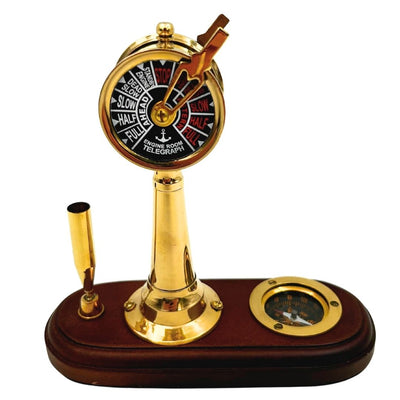 Elegante Set da Scrivania con Incisione – Telegrafo a Macchina, Bussola e Portapenne con Base in Legno – Regalo Ideale per Velista, Manager o Appassionato di Stile Retrò – Ottone e Legno di Alta Qualità, Dimensioni 16,5 x 6 x 16,8 cm