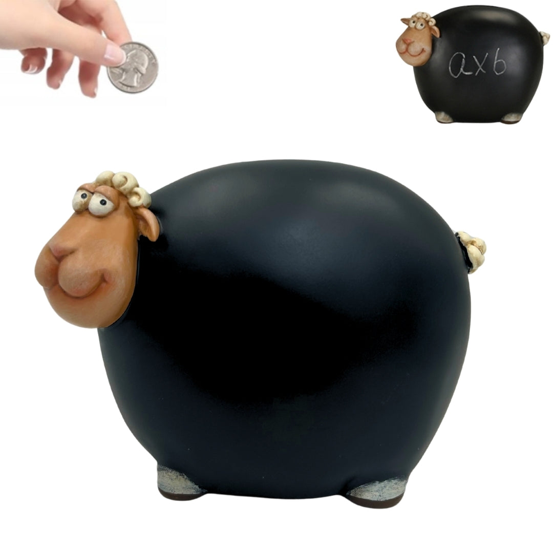 Salvadanaio Pecorella con vernice lavagna con possibilità di personalizzazione - Nero con elementi beige e bianchi, altezza 19,5 cm