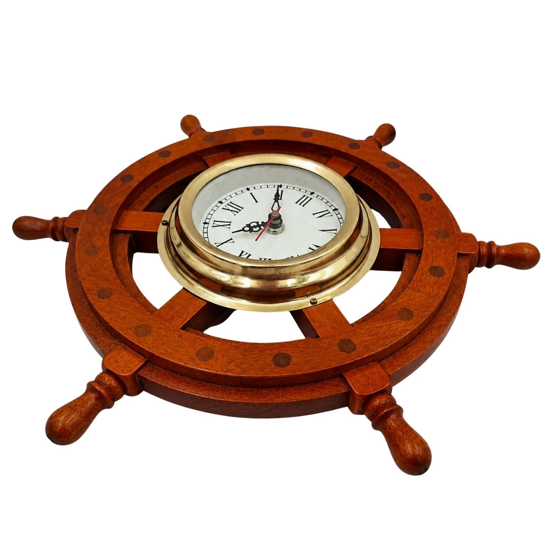 Orologio Marinaro in Ruota del Timone di Legno con Ottone