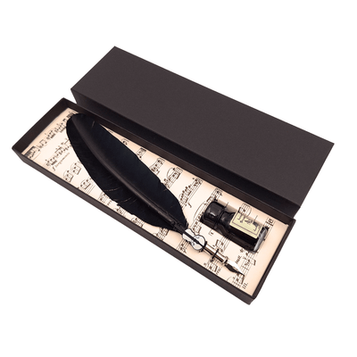 Elegante set da calligrafia con penna d'oca nera con pennino, inchiostro e possibilità di incisione personalizzata