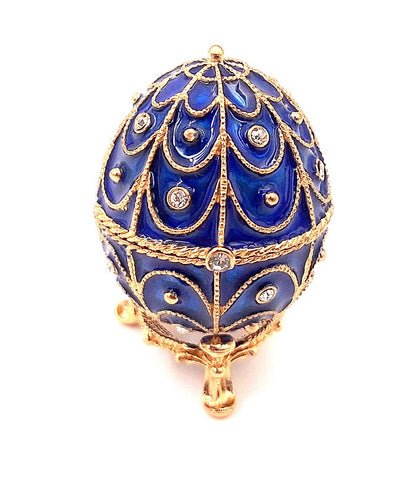 Scatola esclusiva in metallo con cristalli a forma di uovo Fabergé, blu navy e oro, 5,5x6,5 cm con possibilità di personalizzazione tramite incisione