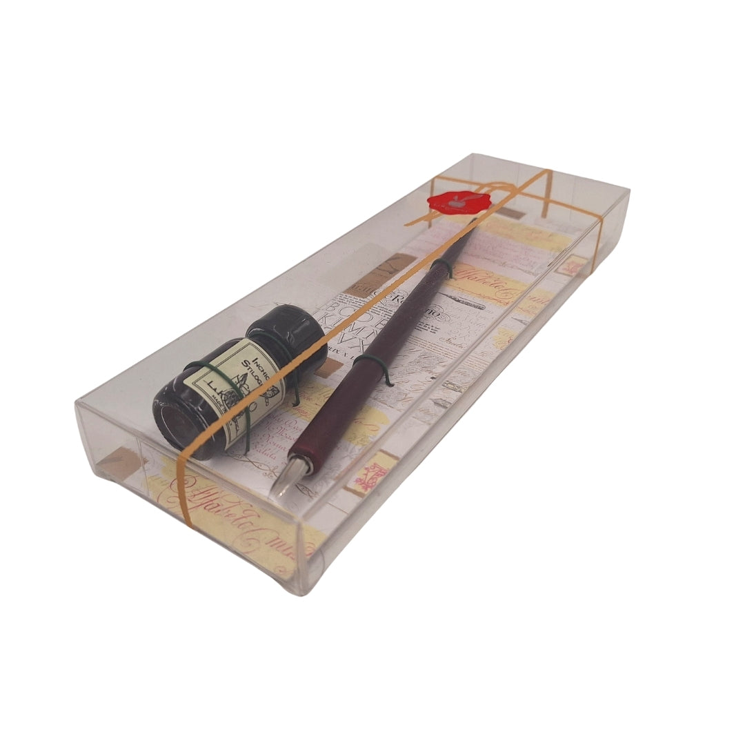 Elegante set per calligrafia con penna in legno e inchiostro nero, possibilità di personalizzazione con incisione, ideale come regalo per amanti della scrittura, in confezione decorativa 7,5 x 22 x 3 cm