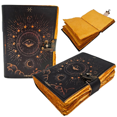 Taccuino Occhio Cosmico con Incisione - Taccuino in Pelle Retrò con 200 Pagine di Carta Gialla in Pelle di Capra