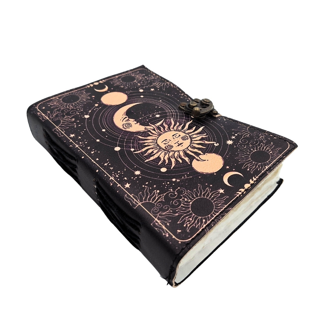 Taccuino in pelle Sole e Luna decorativo 200 pagine con possibilità di personalizzazione con incisione, blu navy, realizzato in pelle di capra, ideale come regalo