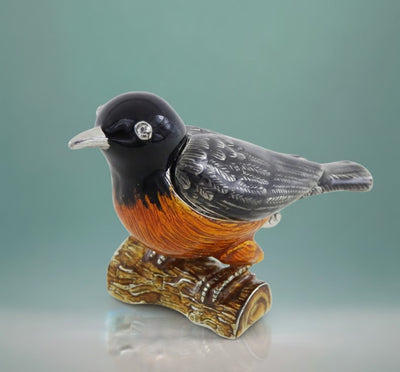 Scatoletta in metallo a forma di uccellino con cristalli, personalizzabile con incisione, ideale come regalo - nero, argento, marrone, arancione, dimensioni 5x6x5 cm, materiale: metallo, smalto, cristallo