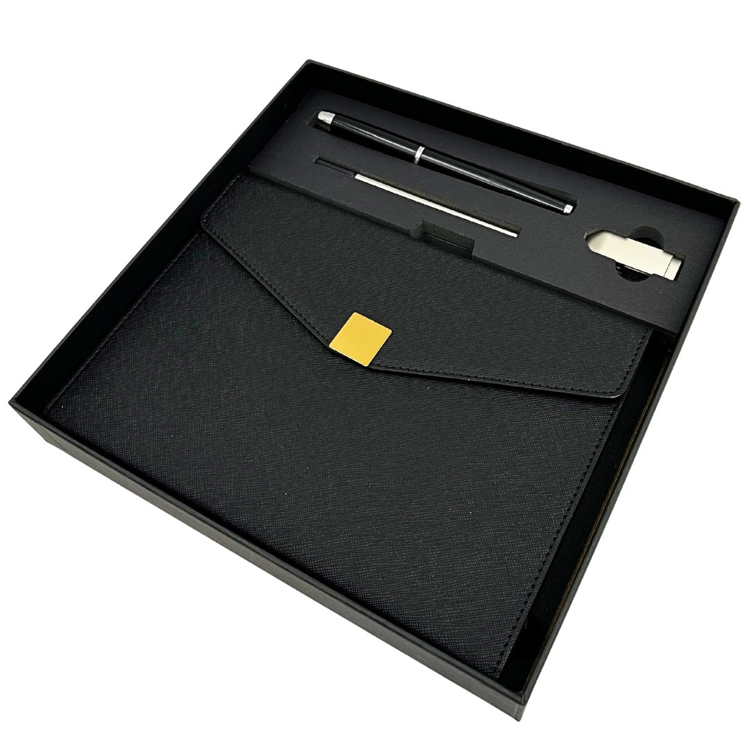 Elegante Set Regalo Premium con Personalizzazione – Taccuino in Pelle A5, Penna e Pendrive 16GB in Scatola Nero-Oro