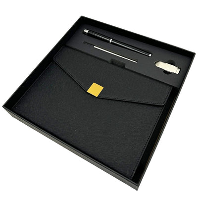 Elegante Set Regalo Premium con Personalizzazione – Taccuino in Pelle A5, Penna e Pendrive 16GB in Scatola Nero-Oro