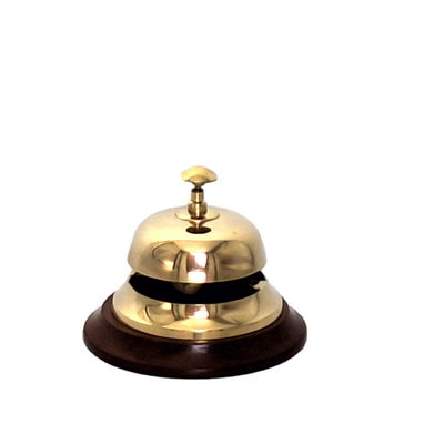 Gong in ottone per hotel su base in legno TB27/4 con possibilità di personalizzazione tramite incisione, elegante regalo in colore oro e marrone, altezza 11 cm, diametro 12 cm