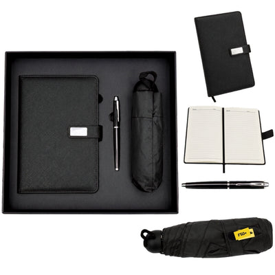 Elegante Set Regalo con Personalizzazione - Taccuino in Pelle A5, Penna e Ombrello Nero in Scatola Regalo