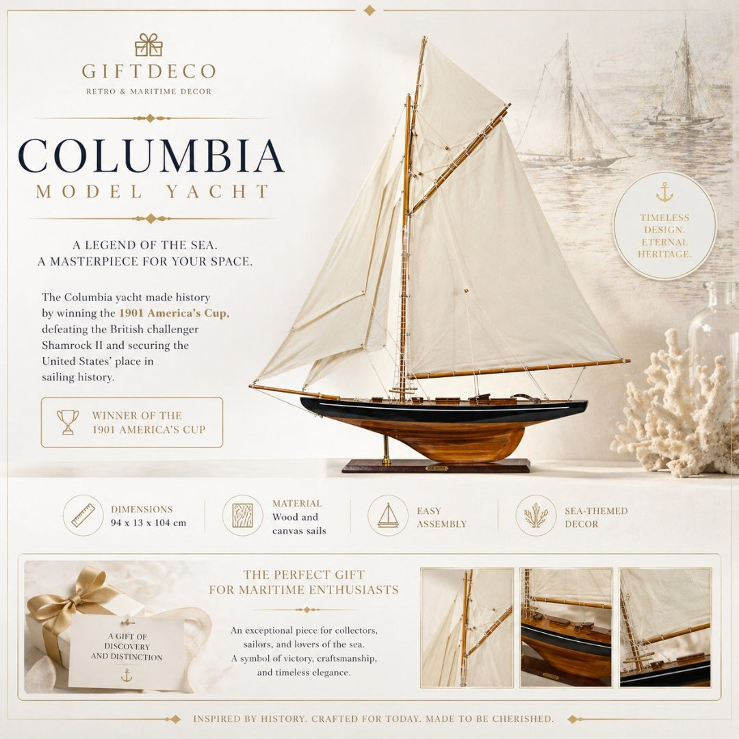 Modello di yacht Columbia con velatura a gaf, altezza 104 cm, in legno, con possibilità di personalizzazione con incisione