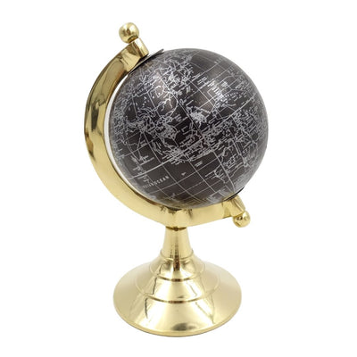 Globo decorativo Black & Gold con incisione personalizzabile – elegante complemento regalo, altezza 20 cm, base in ottone, mappa nera con scritte argento