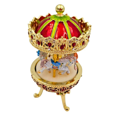 Carillon Musicale Giostra con Incisione - Elegante Decorazione in Oro e Rosso, 14 cm