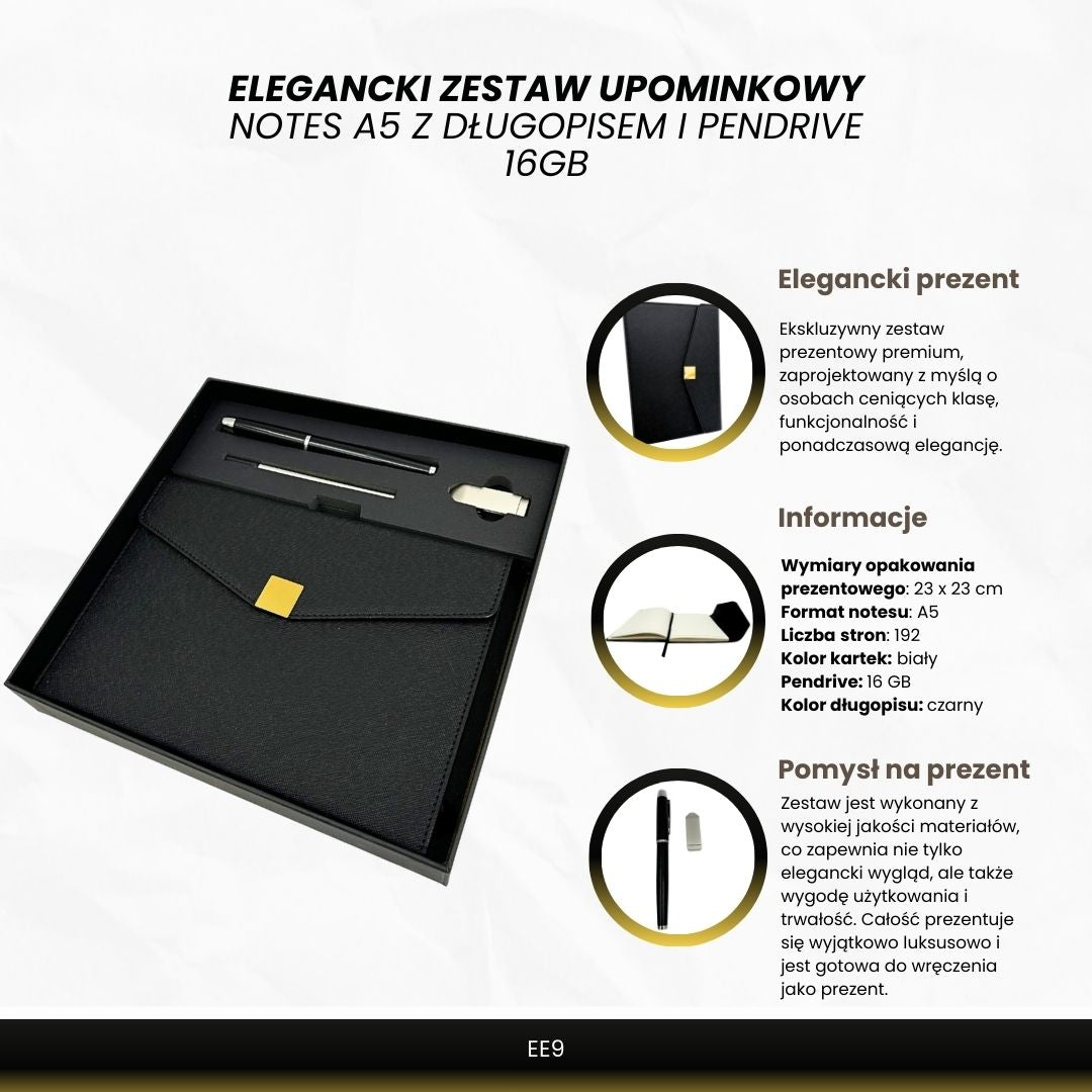 Elegante Set Regalo Premium con Personalizzazione – Taccuino in Pelle A5, Penna e Pendrive 16GB in Scatola Nero-Oro
