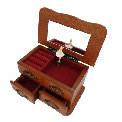 Carillon-portagioie in legno con specchietto e incisione: elegante regalo per gioielli con due cassetti, altezza 10 cm, melodia "The Entertainer"