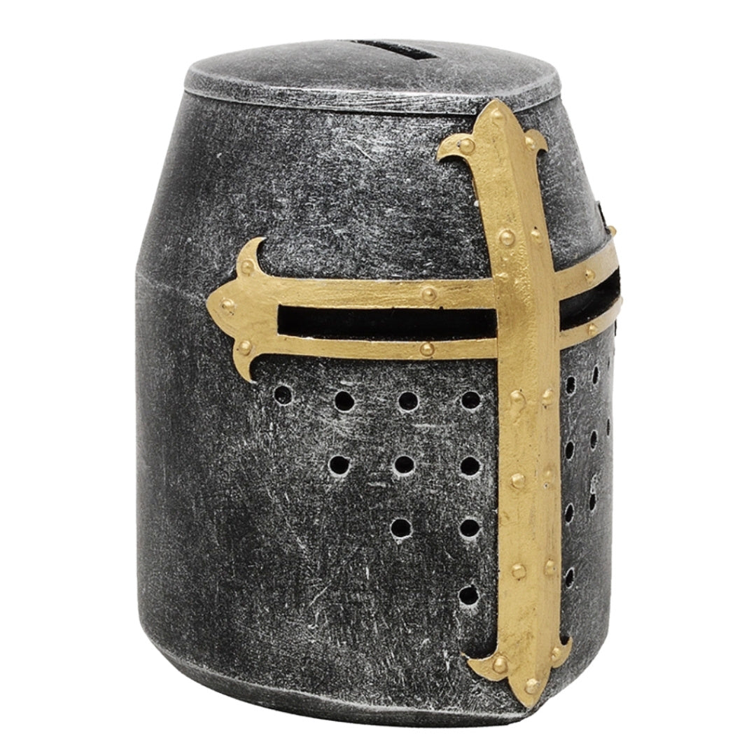 Salvadanaio elmo cavaliere crociato con personalizzazione tramite incisione – regalo unico in stile medievale, altezza 10 cm, dipinto a mano in poliresina