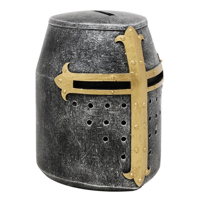 Salvadanaio elmo cavaliere crociato con personalizzazione tramite incisione – regalo unico in stile medievale, altezza 10 cm, dipinto a mano in poliresina