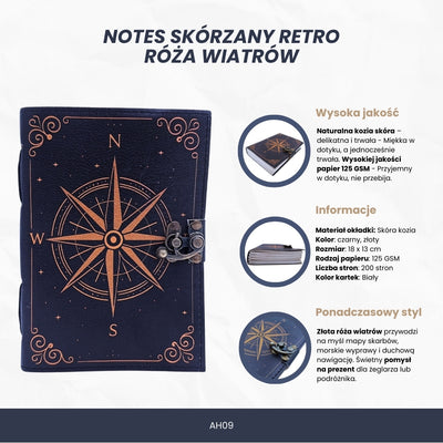 Taccuino in pelle Rosa dei Venti retrò nero e oro con incisione personalizzata